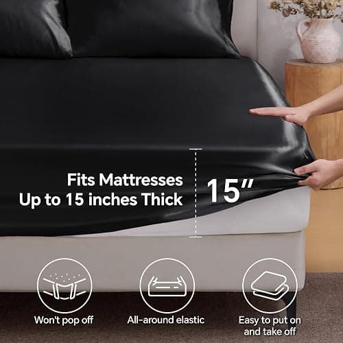 BEDELITE Satin Fitted Sheet King Size with Elastic Corner Straps, Luxury Soft Silk-Like Bed Sheet for Hair & Skin, 1 Deep Pocket Fitted Sheet Only Fits 15" Mattress, Fade & Wrinkle Resistant, Black thumbnail 5