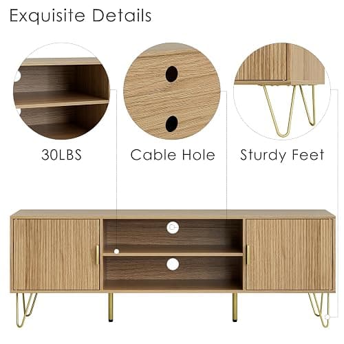 Apetaccat TV Stand for 55-65 Inch TV, Entertainment Center with Soft Hinge Door,TV Console Table with 2 Cabinets with Gold Handle and Feet,for Living Room, Bedroom, Oak thumbnail 4
