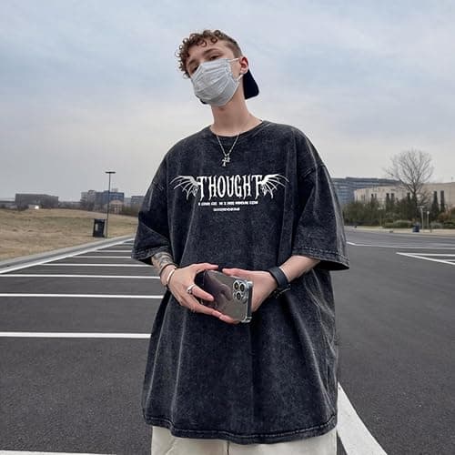 Lubpow Mens Acid Wash Tshirt Oversized Vintage Graphic T-Shirts Cool Grunge Rose Floral Shirt Trendy Y2K Streetwear Tee Tops thumbnail 4