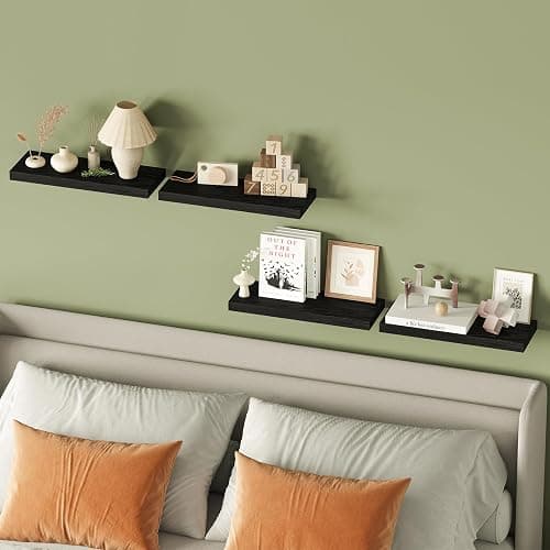 Fixwal Floating Shelves for Wall, Wall Mounted Rustic Wood Shelves for Bathroom, Living Room, Bedroom and Kitchen, Wall Shelves for Storage,Books,Room Decor (Black, Set of 4, 15.8 Inch) thumbnail 8