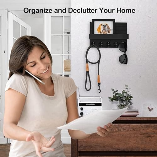 Lwenki Key Holder for Wall, Decorative Key and Mail Holder with Shelf Has Large Hooks for Bags, Coats, Umbrella – Paulownia Wood Key Hanger with Mounting Hardware (9.8”W x 6.7”H x 4.2”D) - Black thumbnail 6