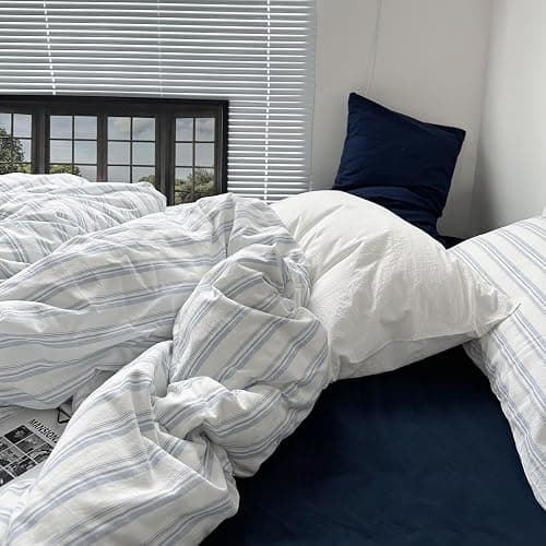 mixinni Vintage Light Blue & White Striped Comforter Set Twin XL Size - Soft Washed Cotton 3-Piece Bedding Set (1 Comforter + 2 Pillowcases), Retro Geometric Pattern, All-Season Breathable & Fluffy thumbnail 5