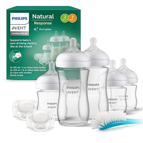 Philips Avent Kit biberons en verre Natural Response pour nouveau-né - 5 biberons, 2 sucettes Ultra Soft 0-6 mois, goupillon, sans BPA (modèle SCD879/11) - Image 1