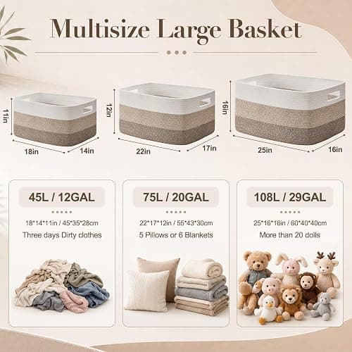 OIAHOMY Blanket Basket Laundry Basket Dog Toy Basket 75L Gradient Brown | Large Storage Basket,Baby Basket,Toy Storage,Woven Rope Basket for Blankets,Blanket Storage for Living Room thumbnail 3