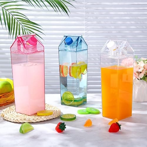 Remerry 3 Pcs Milk Carton Water Bottle Square Plastic Coffee Portable Reusable Milk Carton Cup Leakproof Juice Bottle thumbnail 4