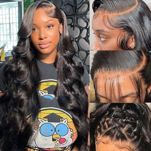 Pizazz 13x6 HD Transparent Lace Front Wigs Human hair Pre Plucked 180 Density Brazilian Body Wave Frontal Wigs Human Hair with Baby Hair Natural Hairline Natural Black Color 28Inch - Image 1