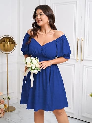 SCOMCHIC Womens Plus Size Summer Dresses Casual Sun Dress Sweetheart V Neck Puff Short Sleeve Smocked A Line Mini Dress thumbnail 5