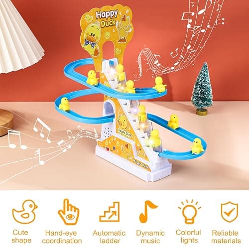 Zuimei 9Pcs Electric Duck Climbing Stairs Racer Track With LED Flashing Lights and Music, Slide Rollercoaster Set for Kids Boys Girls, Yellow thumbnail 4