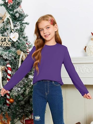 Haloumoning Girls Long Sleeve T Shirts Kids Fall Tops 5-14 Years | Crewneck, Basic Tees,Solid Color,Fashion Clothes thumbnail 8