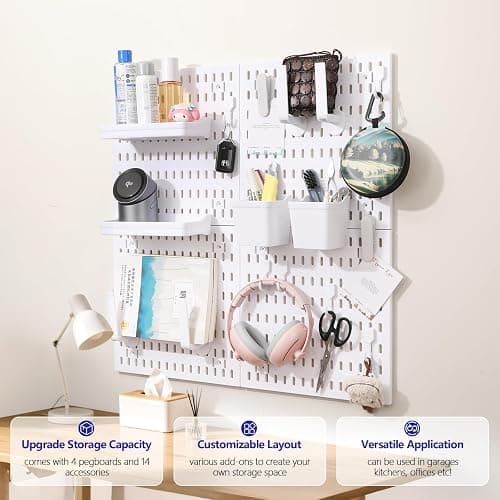 white pegboard wall organizer - skadis peg board panels for desk and wall control - durable pegboard （White, 22″×22″） thumbnail 3