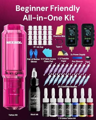 Neebol Wirless Tattoo Gun Kit, 2PCS Batteries Set for Beginners & Artists | Pink dual 1600mAh Tattoo Machine kit 20 Cartridge Needles & 8 Color Inks, Full Tattoo Supplies for Home & Studio practice thumbnail 4
