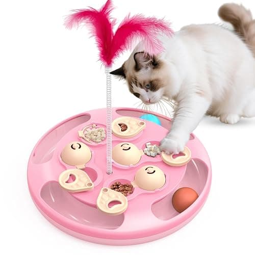 CGBD 3 in 1 Cat Treat Puzzle Feeder, Level 3 Interactive Cat Puzzle Toy with Track Balls, Feather Teaser & Slow Feeder Insert, Non-Slip Base, Mental Stimulation for Bored Indoor Cats, Pink - Image 1