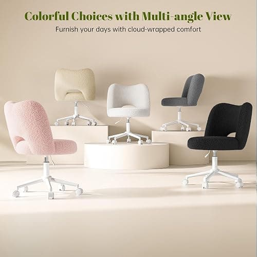 DurayLoly Vanity Chair with Open Back & Wheels White | Swivel, Fluffy Teddy Fabric, Height Adjustable,300lbs for Makeup Room, Vantiy, Bedroom thumbnail 9