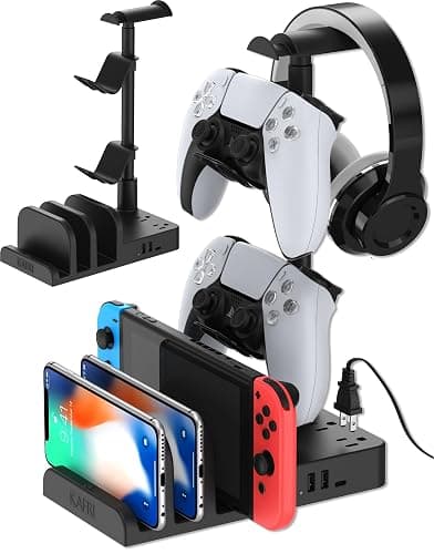 KAFRI Headphone and Controller Stand with USB A&C Charger, Desk Gaming Accessories Headset Holder with USB Charging Port and 2 AC Outlets, Switch/Phone Storage Organizer, Gamer Gift for Men Boyfriend - Image 1