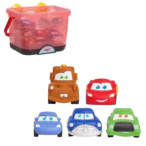 Disney et Pixar Cars – Panier de Bain avec 5 Figurines de Bain (Lightning McQueen, Mater, Doc Hudson, Sally et Chick Hicks) – pour Tout-Petits et Enfants dès 3 Ans | Lightning McQueen, Mater, Doc Hudson, Sally, Chick Hicks, rangement de bain à ventouse, résistant à la moisissure - Image 1
