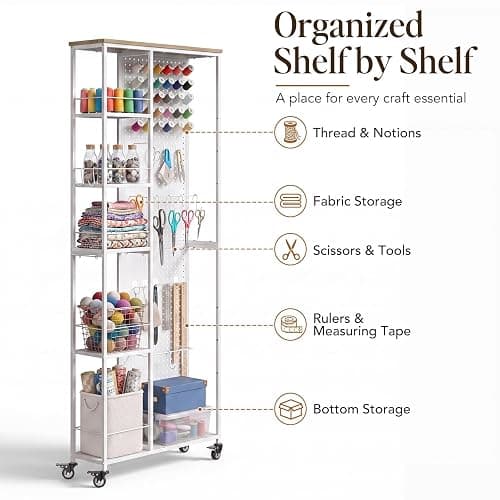 Craft Storage Cart with Dual-Sided Pegboard,5-Tier Shelves Craft Room Storage and Organization,Craft cart Lockable Wheels, Rolling Organizer for Craft Room, Art Supplies,Small Spaces (White, 68.7" H) thumbnail 8