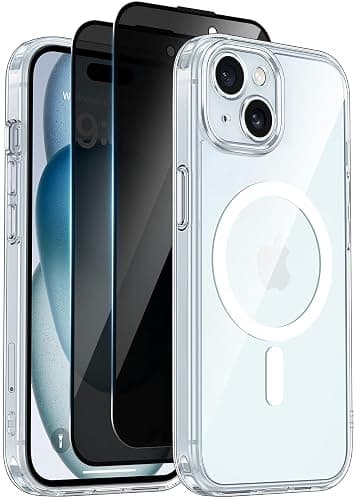Helssitot Coque Magnétique pour iPhone 15 avec 2 Verre Trempé Anti-Espion Compatible avec MagSafe Militaire Étui Housse Antichoc Bumper Militaire 6,1 Pouces-Transparente - Image 1