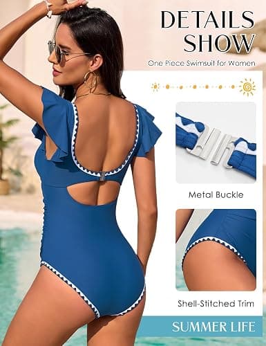 UMIPUBO Tummy Control One Piece Swimsuit for Women Square Neck Ruffled Sleeves White Trim Bathing Suit thumbnail 3