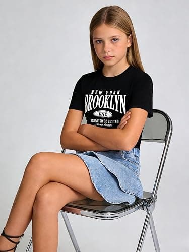 Cakaner Tween Girls Skirt Set Short Sleeve T-Shirt and Ruffle Tiered Denim Skirt Summer Casual 2 Piece Outfit Size 7-14 thumbnail 4