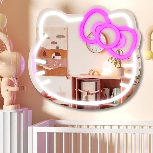 MCJSGSP Anime Hello Kit Cat Neon Sign Mirror L16.1 W14 Vanity Mirror with Lights Bedroom Wall Mirror for Pink Room Decor and a Makeup Mirror with Lights Teen Girl Gifts - Image 1