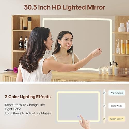 HAUOMS 51.2" Fluted Makeup Vanity Desk with Large 30.3" Mirror and Lights, 5 Drawer Vanity with Power Strip, 6 Open Shelves, 2 Cabinet，Modern Dressing Table with Solid Wood Legs for Bedroom, Oak thumbnail 3