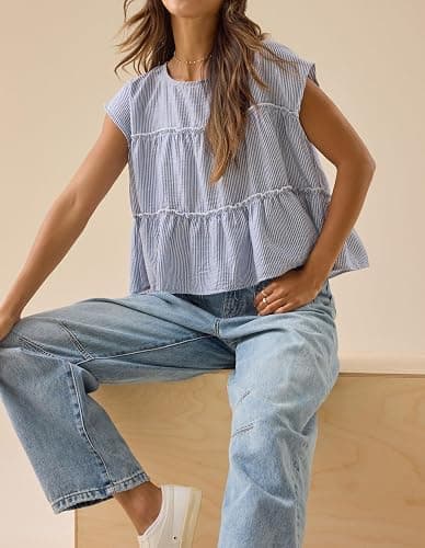 Foidiccx Womens Tiered Cute Boho Blouse Shirts Y2k Striped Ruched Flowy Ruffle Peplum Short Cap Sleeve Babydoll Crop Tops Tee thumbnail 2