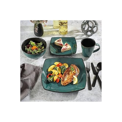 Gibson Elite Soho Lounge 16 Piece Reactive Glaze Dinnerware Set, Soft Square, Teal Green, Service for 4 (16pc) thumbnail 5