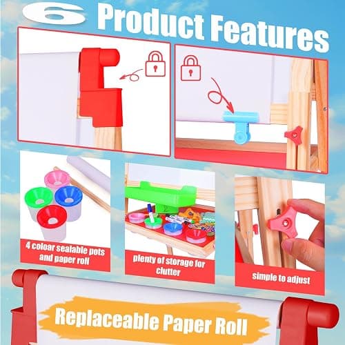 JOYOOSS Kids Wooden Easel with Paper Roll - Adjustable Magnetic Double Sided Drawing Board Whiteboard & Chalkboard Dry Easel Board,Children Art Easel for 3~12 Years Kids Boys Girls Painting Drawing thumbnail 6