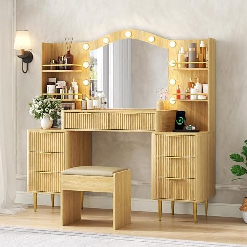 55" Big Fluted Vanity Desk with Mirror and Lights,Makeup Vanity with 8 Storage Drawers and 4 Storage Shelves,Glass Top & Power Outlet,3 Lighting Modes,Dressing Table for Women Girls Bedroom,Oak thumbnail 7