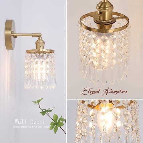 Shenmoyl Set of 2 Crystal Battery Operated Wall Sconce, Rechargeable Battery Powered Wall Lamp with Remote Control, Modern Dimmable Wireless Wall Lights for Bedroom Bathroom(Transparent, Gold Base) thumbnail 3