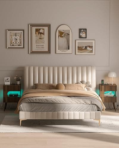 JOONEE Nightstand with Charging Station and LED Lights,Modern Bedside Table with 2 Storage Drawer,Night Stand with Solid Wood Legs,White (Walnut Brown) thumbnail 7