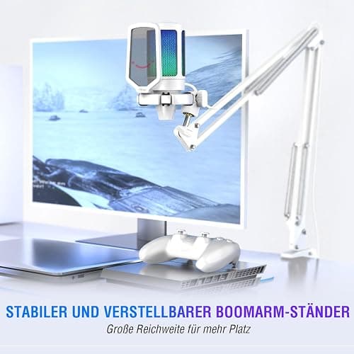 Fifine USB Mikrofon PC Gaming mit Arm, Microphone weiß für MAC PS4 PS5 mit Stummschalttaste, Popfilter, Shock Mount für Streaming Podcast Studio thumbnail 5