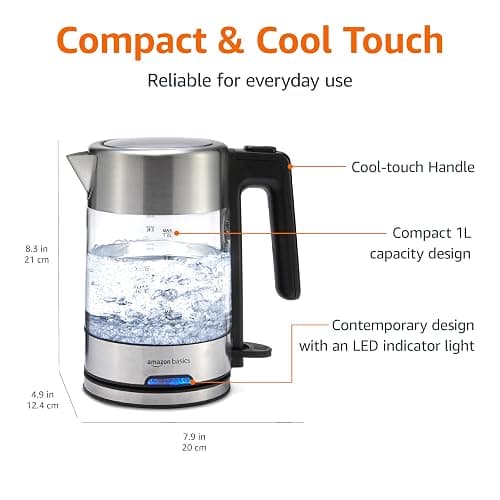 Amazon Basics Electric Kettle with Glass Carafe for Tea and Coffee, BPA-Free, Fast Boiling, Auto Shut-Off, 1.1 Quarts, 1500W, Glass and Steel thumbnail 2