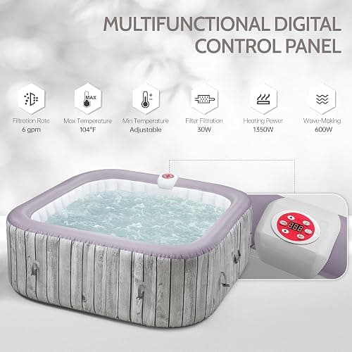 COCLUB Inflatable Square Hot Tub Spa Set, Outdoor Bubble Massage Portable Hot Tubs, 4-6 Person Blow up Hot Tub with 130 Soothing Jets, Insulated Cover, Built in Heater Pump, 6 Filter Cartridges thumbnail 7