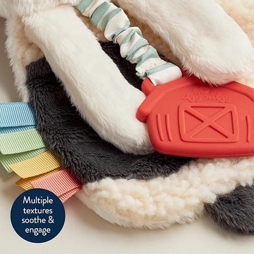 Itzy Ritzy - Itzy Lovey Including Teether - Baby Lovey with Teether, Textured Ribbons & Dangle Arms - Features Crinkle Sound, Sherpa Fabric and Minky Plush (Cow) thumbnail 4