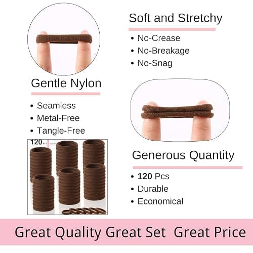 LuSeren 120 Pcs No Damage Hair Ties for Thick Hair, Large Soft Seamless Nylon Hair Elastics for Women, Ponytail Holders, Hair Accessories – brown thumbnail 3