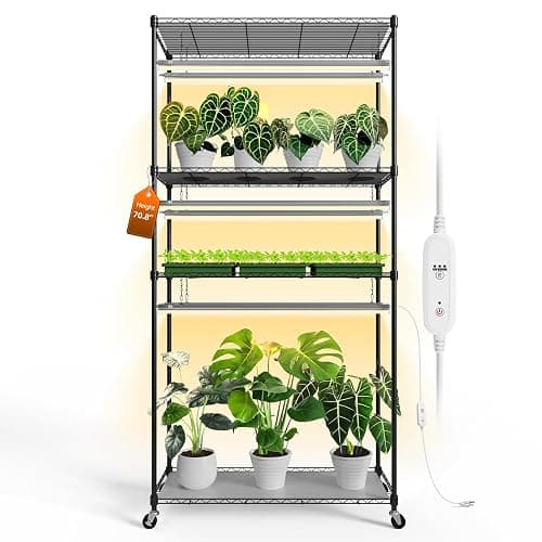 Bstrip Plant Shelf with Grow Light with Timer, Tall Plant Stand with Adjustable Rack and Wheels, 6 Pack T5 3FT Full Spectrum Grow Lights for Indoor Plants, Seed Starting, Seed Tray, 35.4"x13.8"x70.8" - Image 1