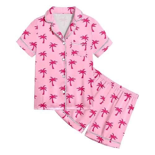 Pink Puff 𝙂𝙞𝙧𝙡𝙨 Pajamas Sets Cute Preppy Clothes Short Sleeve 𝙆𝙞𝙙𝙨 Pjs Button Down Satin Loungewear for 𝟮-𝟭𝟯𝙔 - #A08-pink - 10-11 Years thumbnail 3