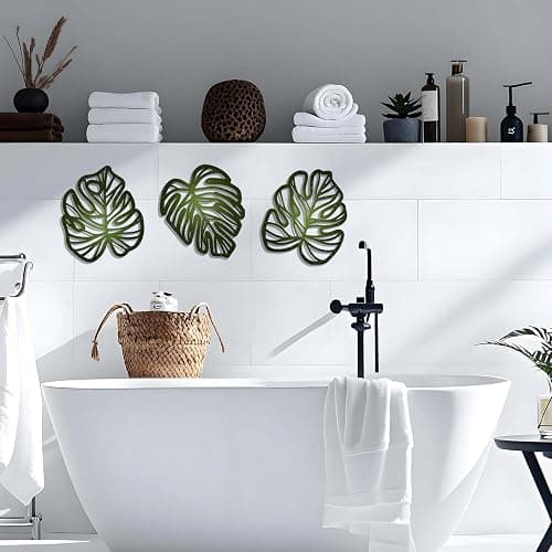 Palm Leaves Wood Wall Decor, 3Pcs Tropical Wall Art Jungle Decor, Wooden Natural Leaves Plant Wall Decor, Vintage Tropical Plant Plaque for Home Living Room Kitchen Bedroom Bathroom & Garden, Green thumbnail 3