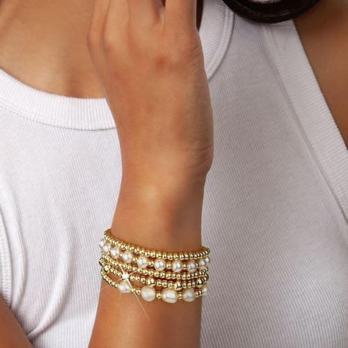 adoyi Gold Bracelets for Women Beaded Bracelet 14K Gold Plated Bracelet Stack Strand Stretch Bead Ball Bracelet Set Stackable Bracelet Adjustable Bracelet Set Jewelry for Gifts thumbnail 6