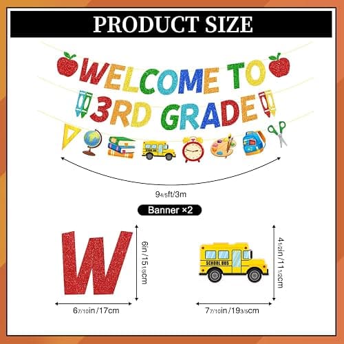 Welcome to 3rd Grade Banner Glitter First Day of 3rd Grade Banner | Back to School 3rd Grade Classroom Decor, Included 1 Garland and 16 Hanging Swirls, Pre-Strung Banner, Easy to Hang thumbnail 3