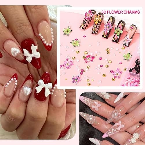 VelvetGlow 3D Nail Charms and Nail Gems, Cute Nail Rhinestones and Charms Y2K for Nails Nesign,Variety Butterfly Bow Moon Star Flower Junk Case Charms Gold Pearls Nail Jewels for Nail Art thumbnail 6