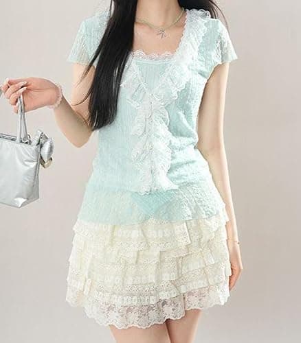 Wayolyn Vintage Sexy Women’s Slim Fit Crop Tank Top with Lace Trim Cutecore Kawaii Clothes Blue Shoujo Clothes thumbnail 2
