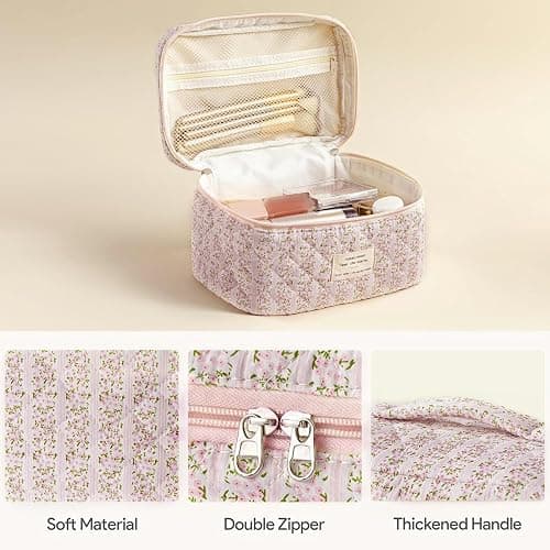 HBselect Quilted Makeup Bag, 3PCS Cotton Large Travel Makeup Bag, Cute Floral Coquette Make up Bag Cosmetic Bag Toiletry Bag for Women Girls thumbnail 3