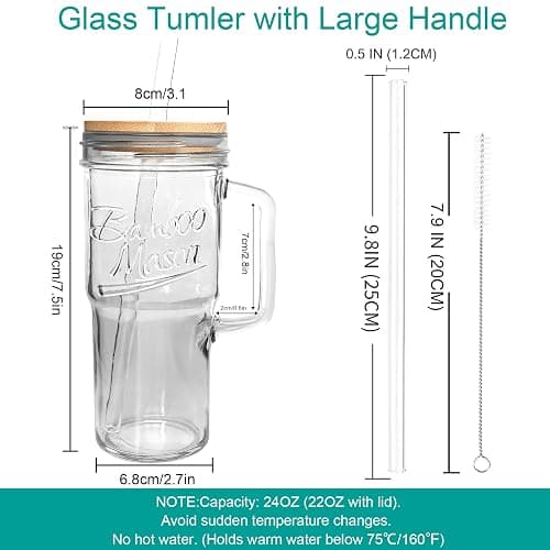 ANOTION Glass Cups with Lids and Straws - 24oz Tumbler with Handle Coffee Cups Glass Straws Glasses Mason Jar Cups Drinking Set Kitchen Essentials Coffee Bar Accessories House Warming Gifts New Home thumbnail 3
