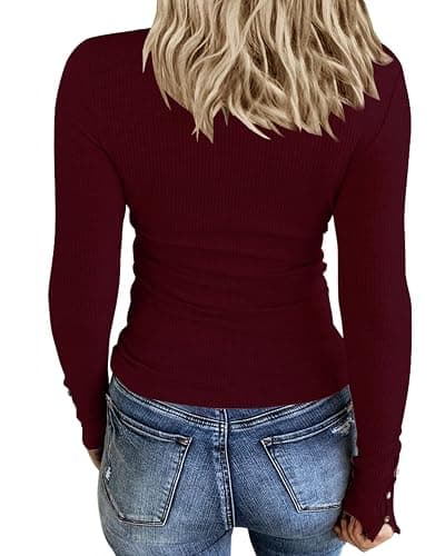 KINLONSAIR Women’s Long Sleeve Henley T Shirts Button Down Slim Fit Tops Scoop Neck Ribbed Knit Shirts thumbnail 2