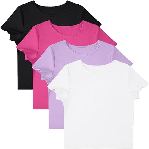 4 Pack Women’s Short Sleeve Tops Cotton Basic Crew Neck Crop Top Cute Trendy Casual Workout T Shirts - White,black,lavender,hot Pink - Small thumbnail 4