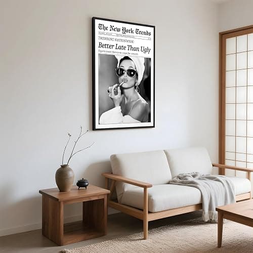 Framed Better Late Than Ugly Wall Decor Newspaper Audrey Hepburn Wall Art | Vintage Black and White Fashion Poster Chic New York Trends Glam Quote Canvas Print for Bedroom Bathroom Dorm 8x12inch thumbnail 4