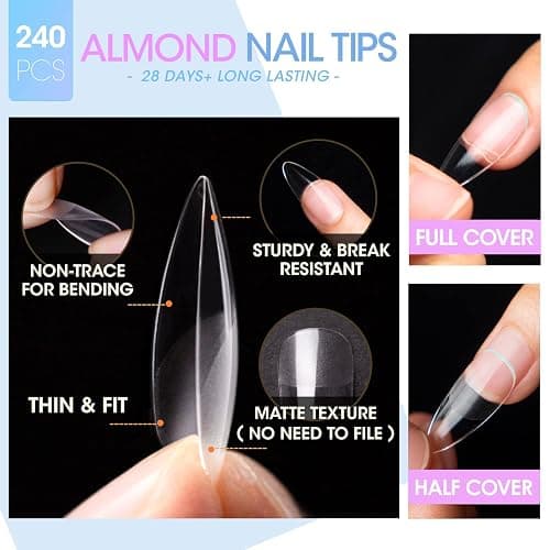 Gellen Gel Tips Nail Extension Kit, Gel Nail Kit with 240Pcs Almond Tips, 3 in 1 UV Glue for Nail Tips, Prep Dehydrator and Primer, U V LED Cure Lamp, Decorations for DIY Manicure Set thumbnail 4
