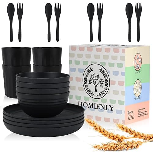 Homienly Wheat Straw Dinnerware Sets, Homienly 20pcs Unbreakable Microwave Dishwasher Safe Tableware Lightweight Bowls, Cups, Plates Set Reusable Dinner Plates Bowls set (Matte Black) thumbnail 6